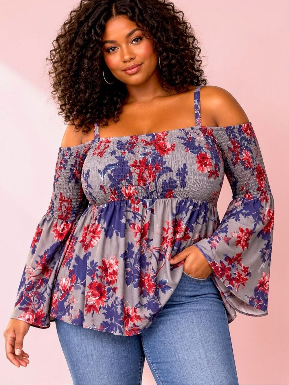 Torrid Challis Cold Shoulder Smocked Floral Gray Babydoll Blouse Top 1/1XL NWT